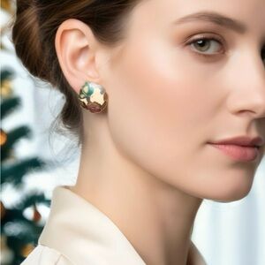 0169 Cloisonné Gold and Green Floral Earrings